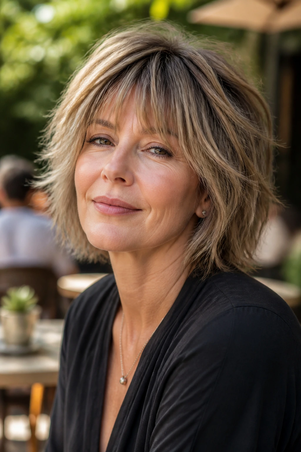 Real woman with a square-face flattering shag showing crown lift in outdoor cafe light