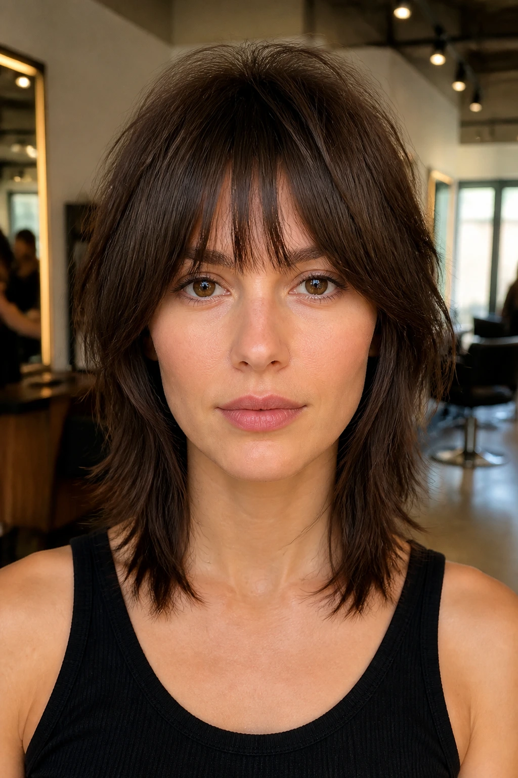 Close-up of a person with a shag haircut on straight hair highlighting weight placement and bangs in a salon setting