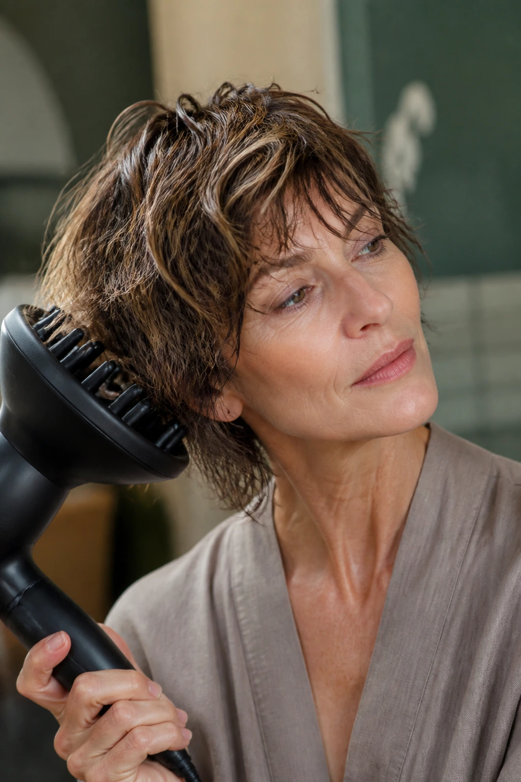 Close-up of a woman with shag hair being styled with a diffuser