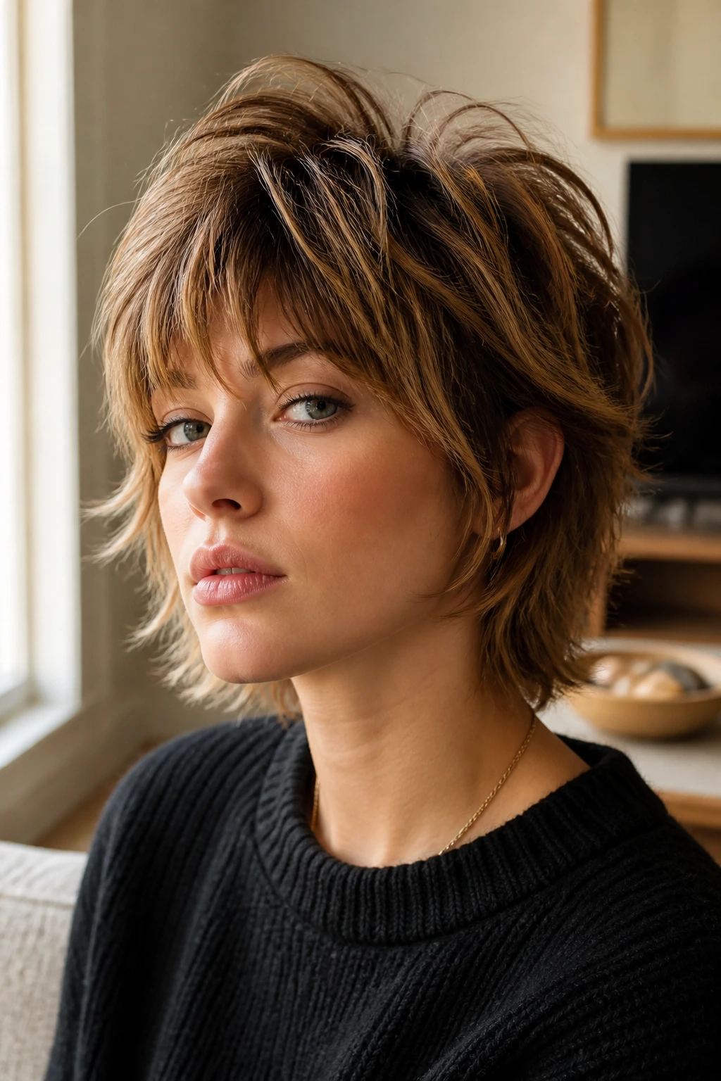 Portrait of a person with a voluminous short shag showing lift