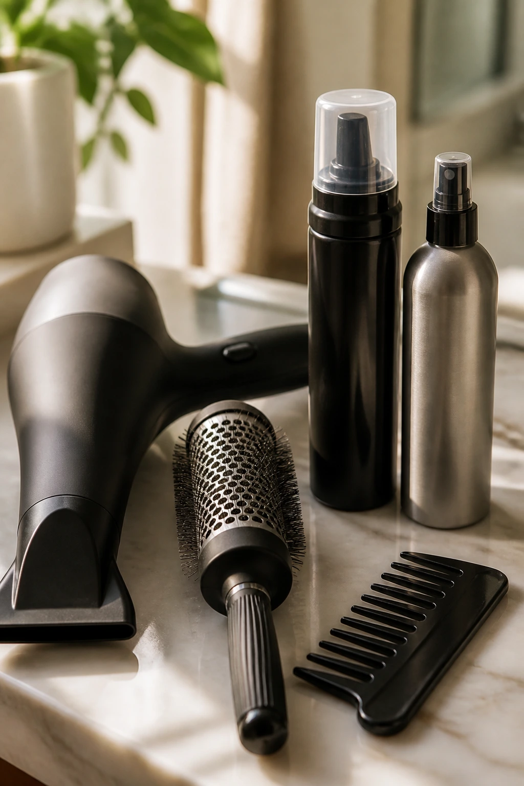 Close-up of shag styling tools arranged on a bathroom counter.