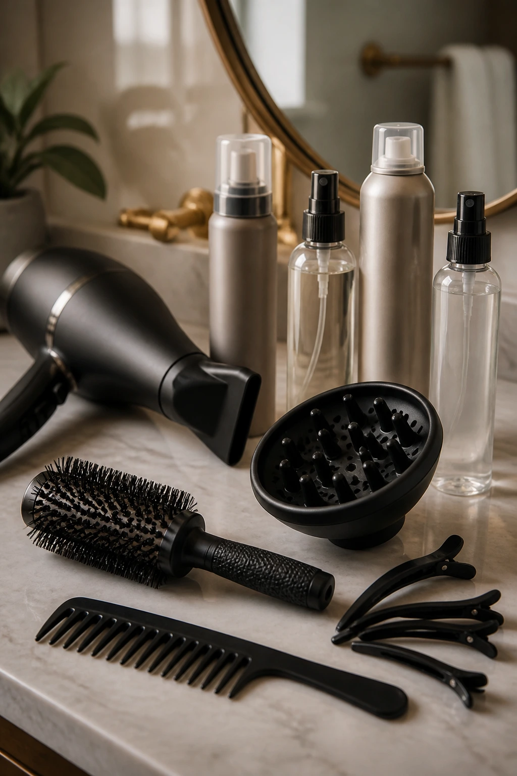 Close-up still life of shag styling tools on bathroom vanity