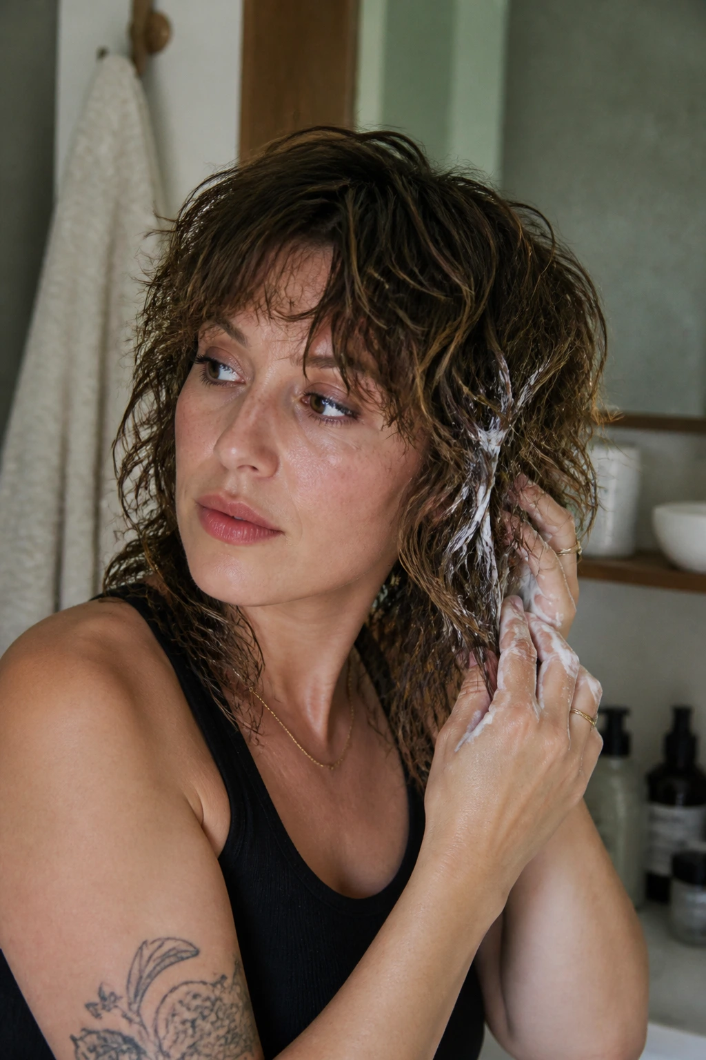 Real person styling a shag to preserve waviness while working with product