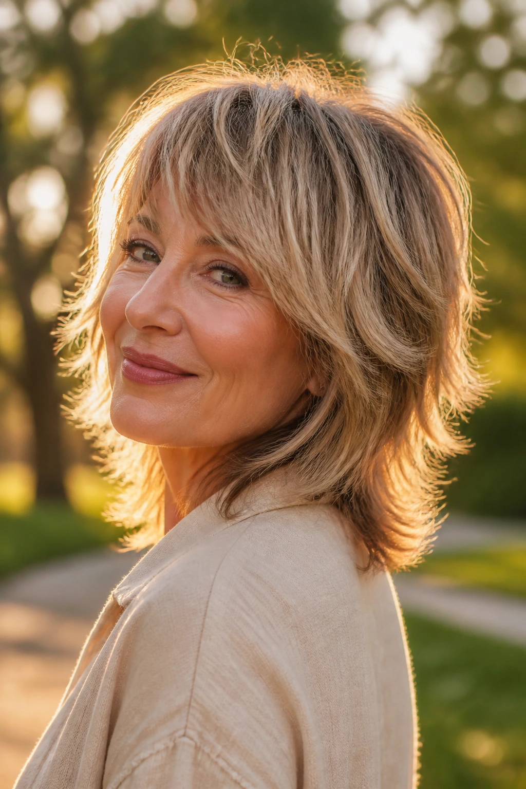 50-year-old woman with swingy shag hair turning head in park at golden hour