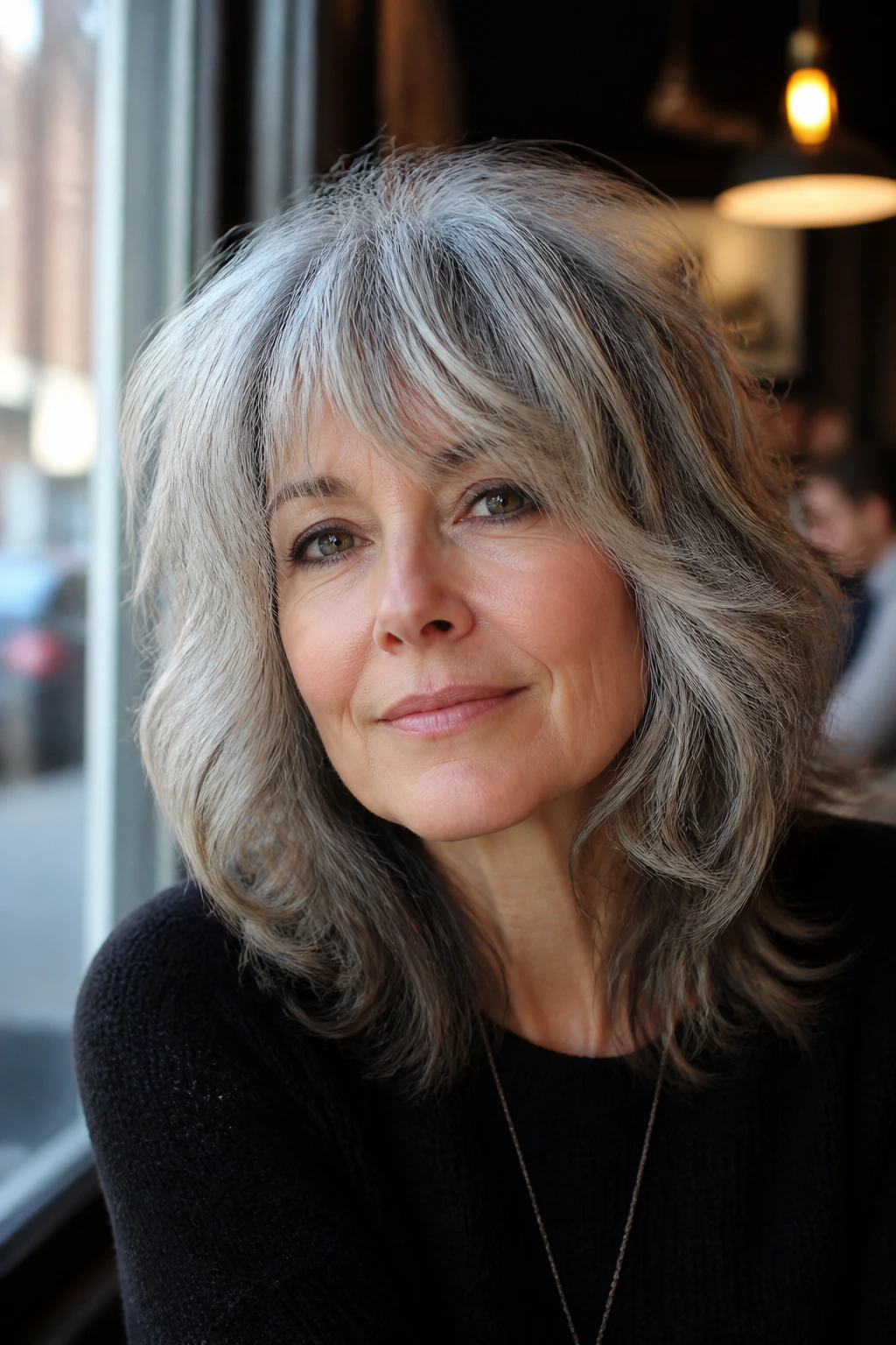 Portrait of a real woman with face-framing shag and curtain bangs near a cafe window