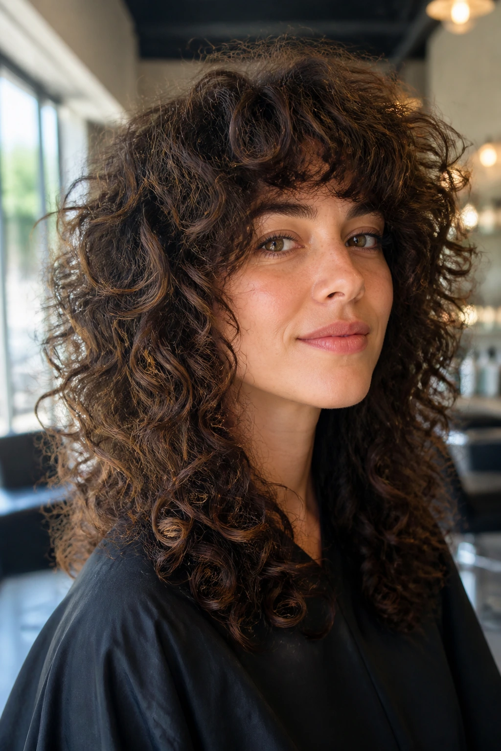 Close-up of a real woman with thick curly hair in a crown-lifted shag cut