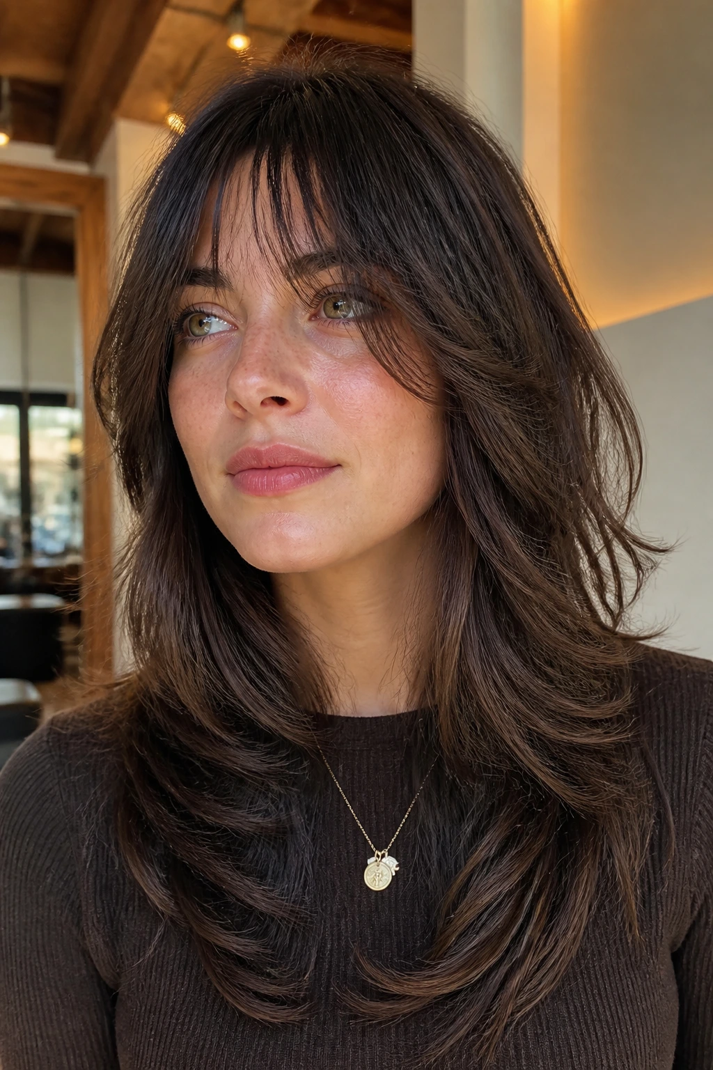 Close-up portrait of a real woman with thick hair styled in a shag for movement
