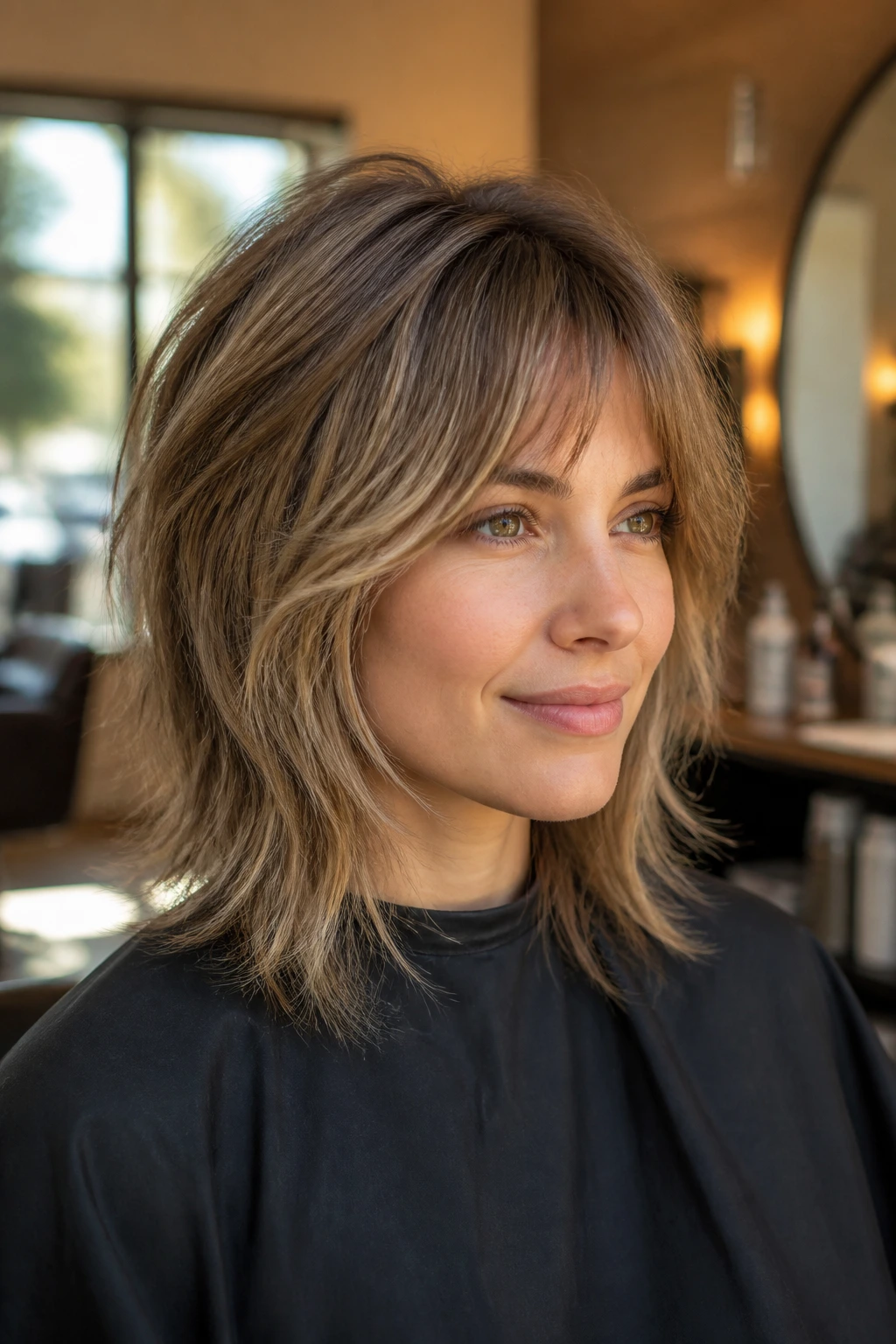 Real person with shag on thin hair in a salon chair