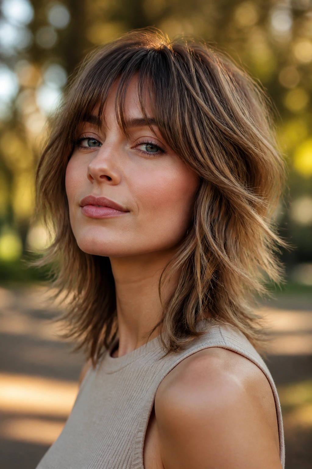 Portrait of a woman with a shag that shapes thin hair, crown lift and cheekbone frame