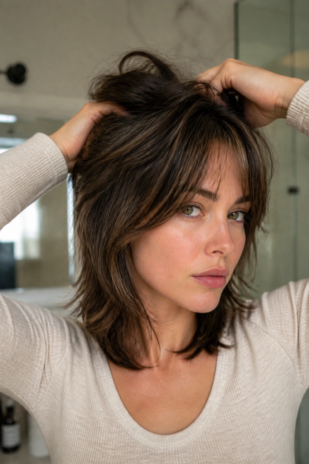 Close-up of a real person styling shag at home, lifting roots