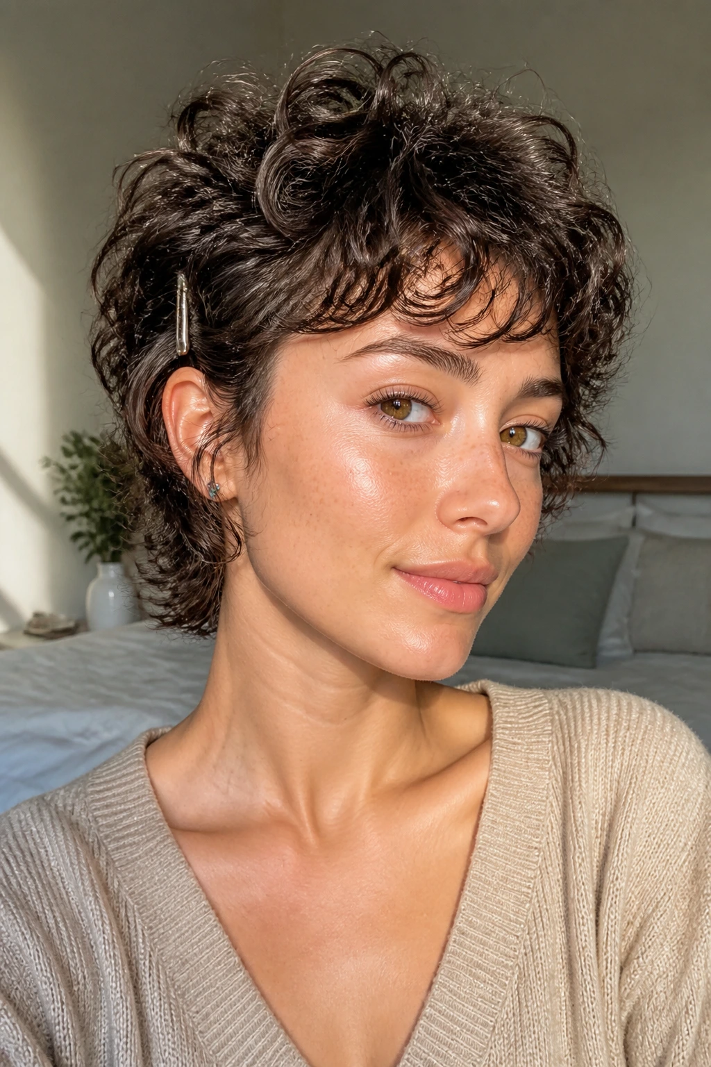 Real woman with short curly shag showing crown lift and tucked behind-ear tweak