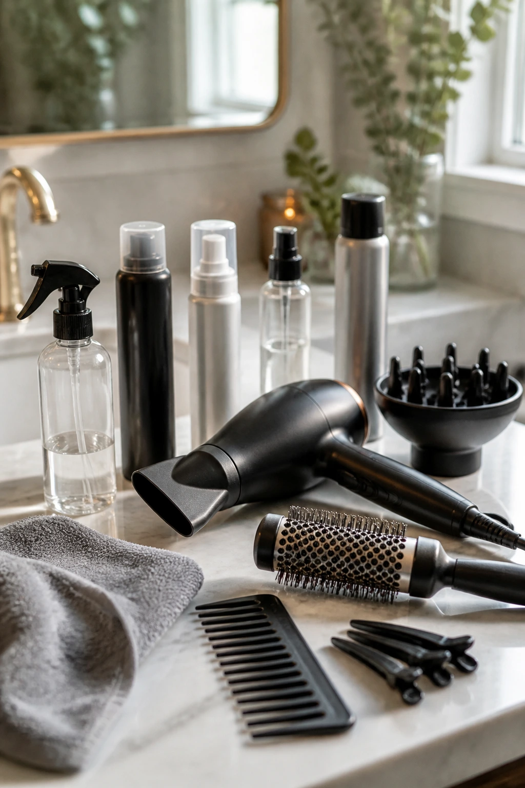 Close-up of unlabeled hair styling tools on a bathroom counter for shag styling.