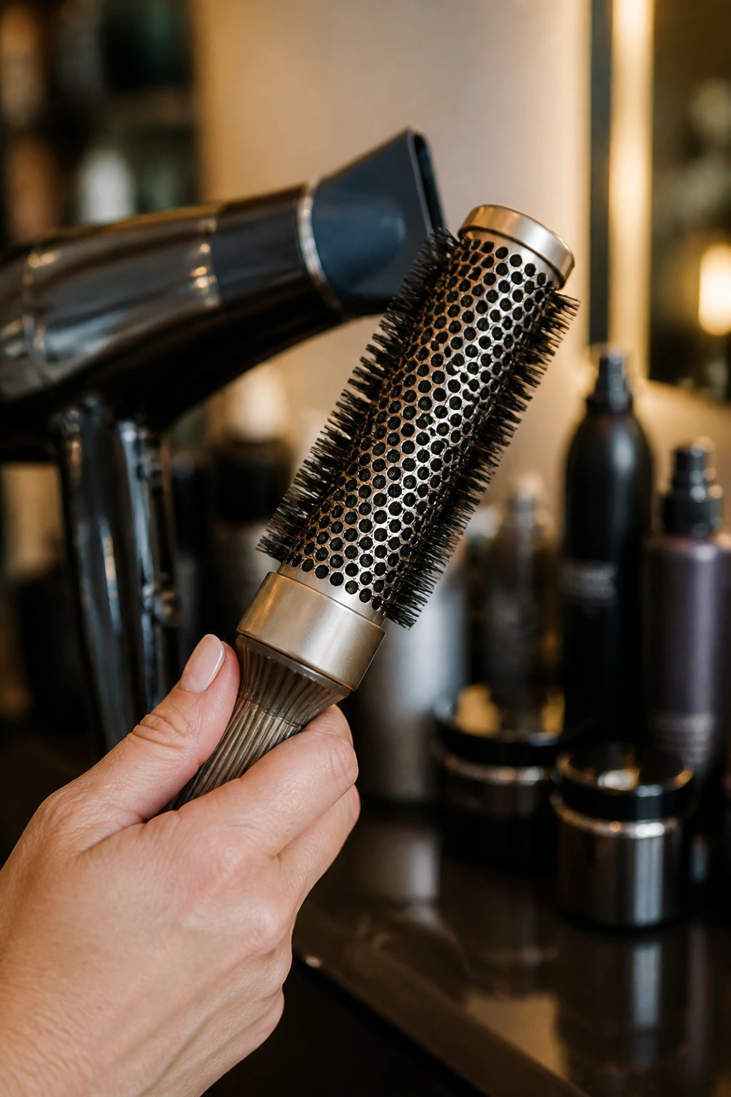 Close-up of a hairstylist's hand holding a round brush at a salon station.