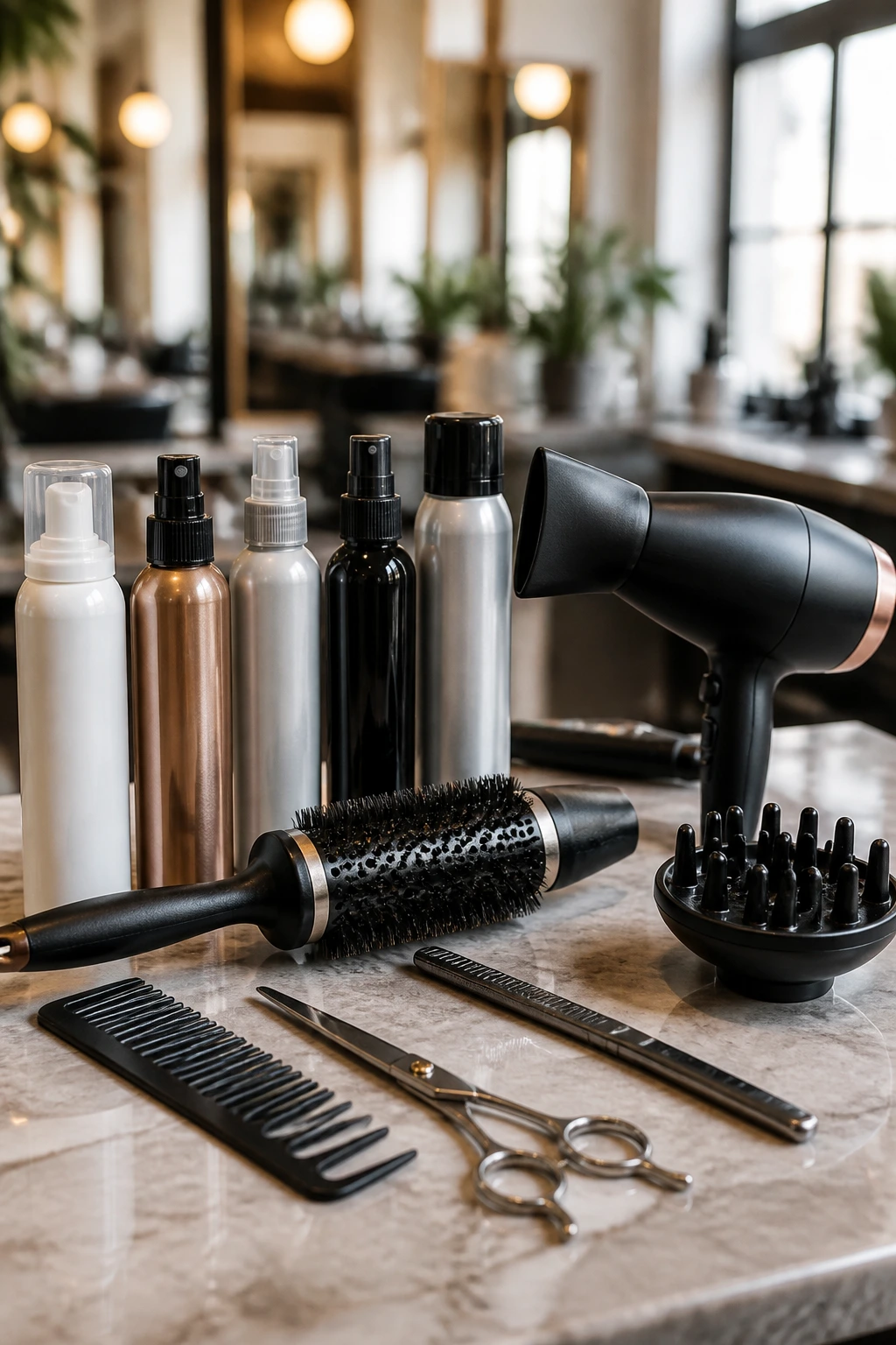 Close-up of professional shag styling tools on a salon counter