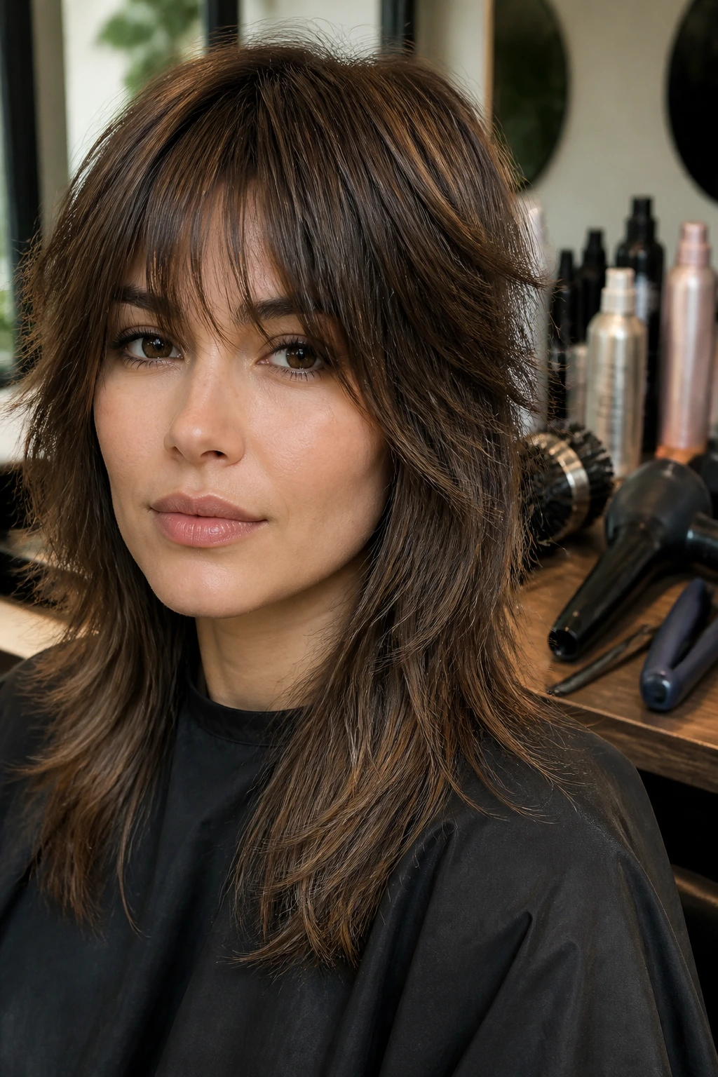 Portrait of a real person with a straight-hair shag in a salon, with blurred styling tools in the background.