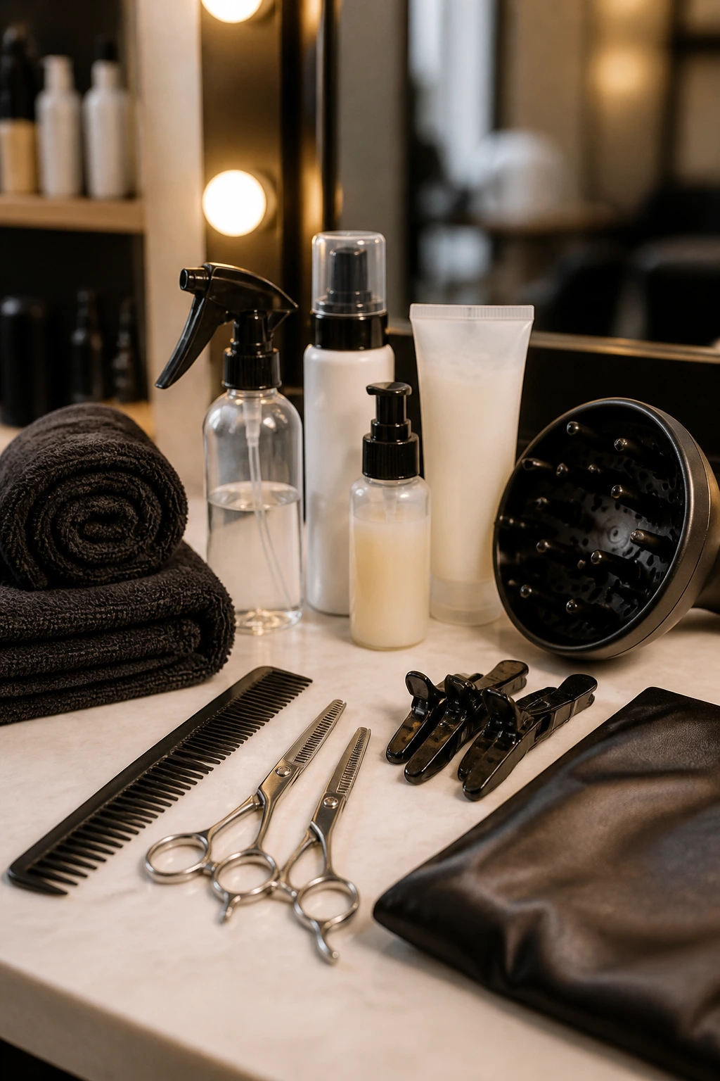 Close-up of essential curly shag styling tools on a salon counter