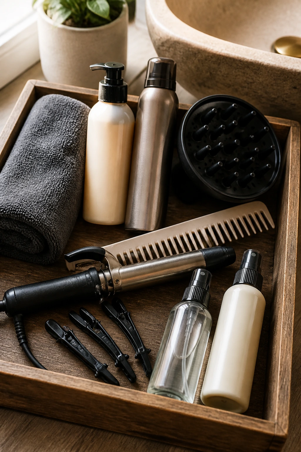 Top-down close-up of essential hair styling tools on a vanity tray