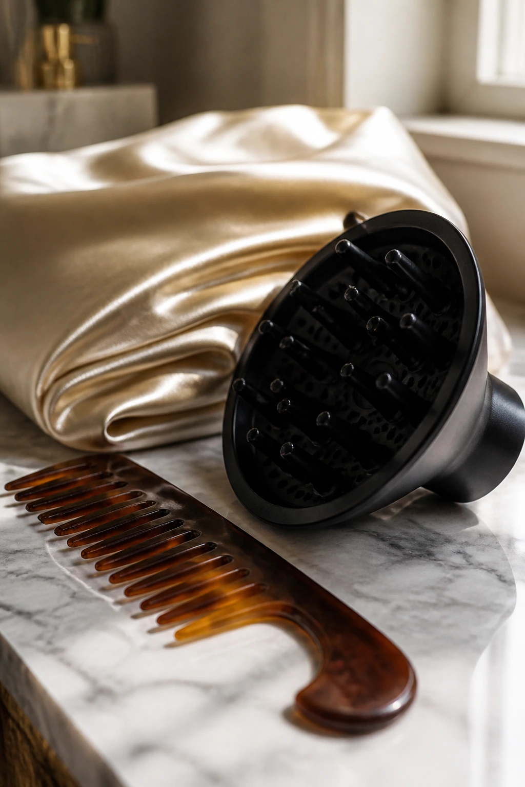 Still life of hair tools on a bathroom vanity: comb, diffuser, satin pillowcase