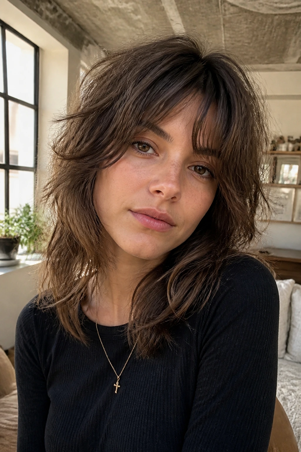 Close-up portrait of a real woman with tousled mid-length shag