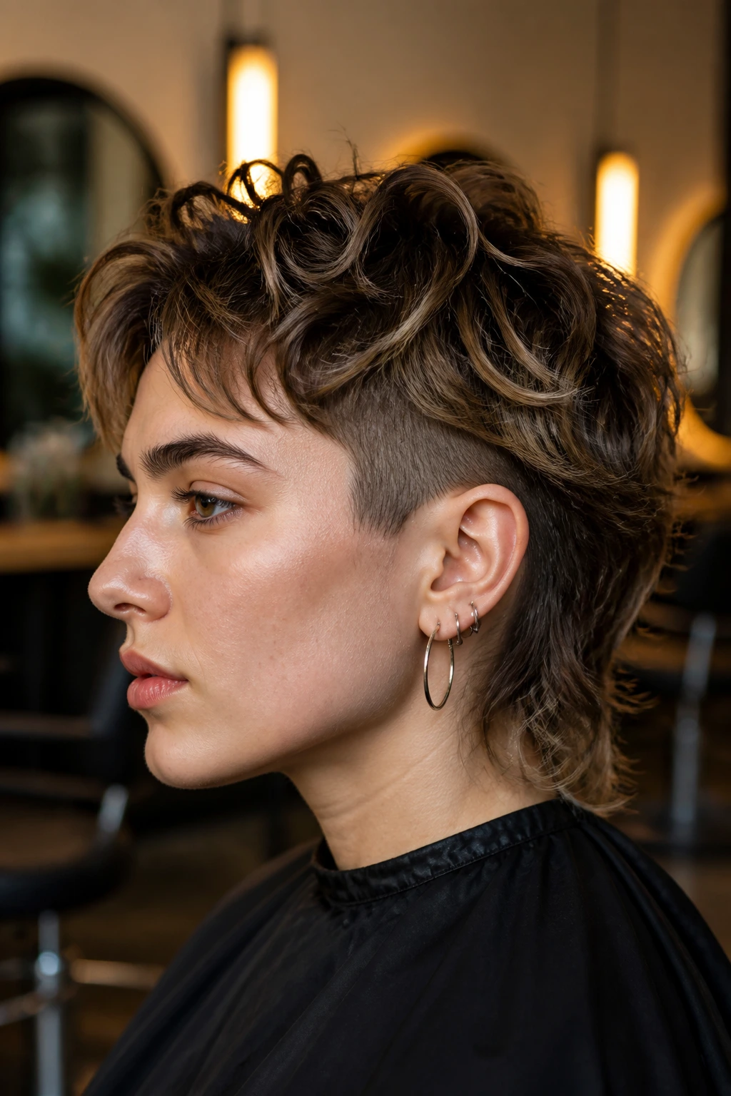 Close-up portrait of a person with a modern shag undercut in a salon setting