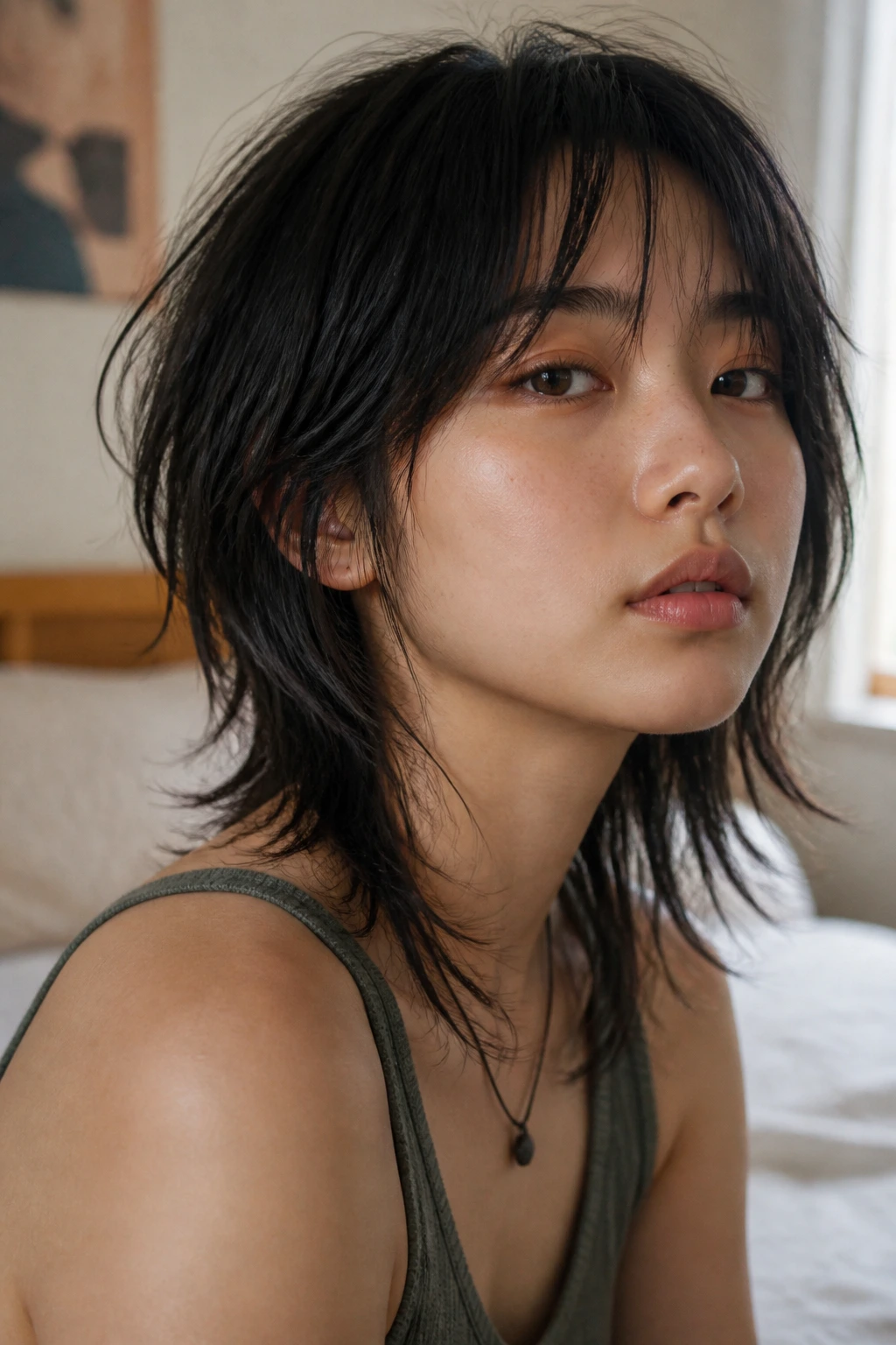 Close-up portrait of a real Asian woman with a shag haircut showing underlayers removed to create swing.