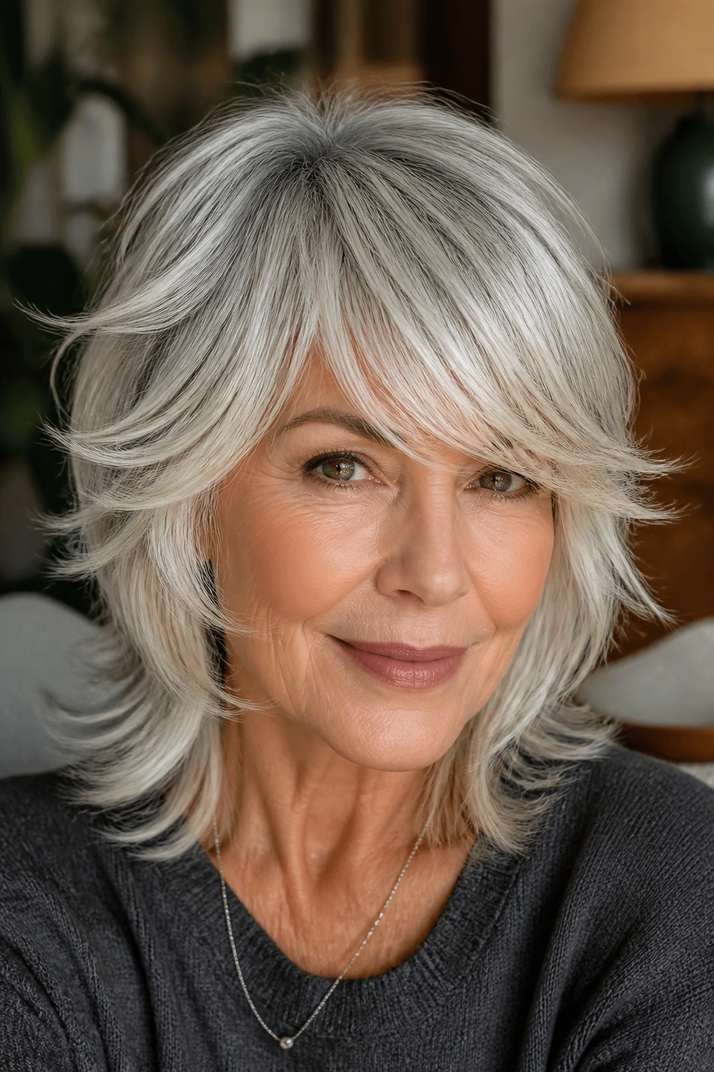 Older woman with silver sweep shag and soft fringe