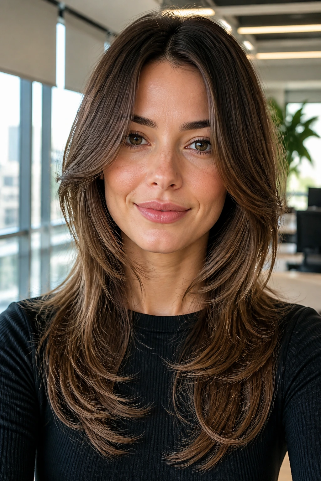 Real person with a no-bang frame shag variation in a modern setting.