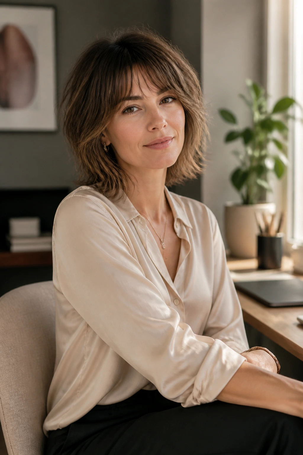Person with a softer office-version short shag near a window