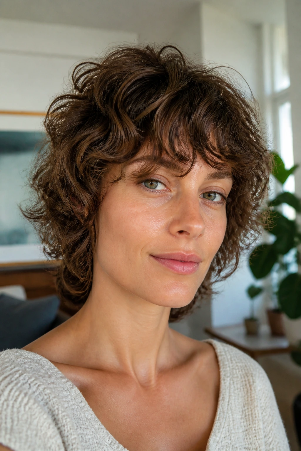 Real woman with short curly shag showcasing air-dried variation with longer fringe