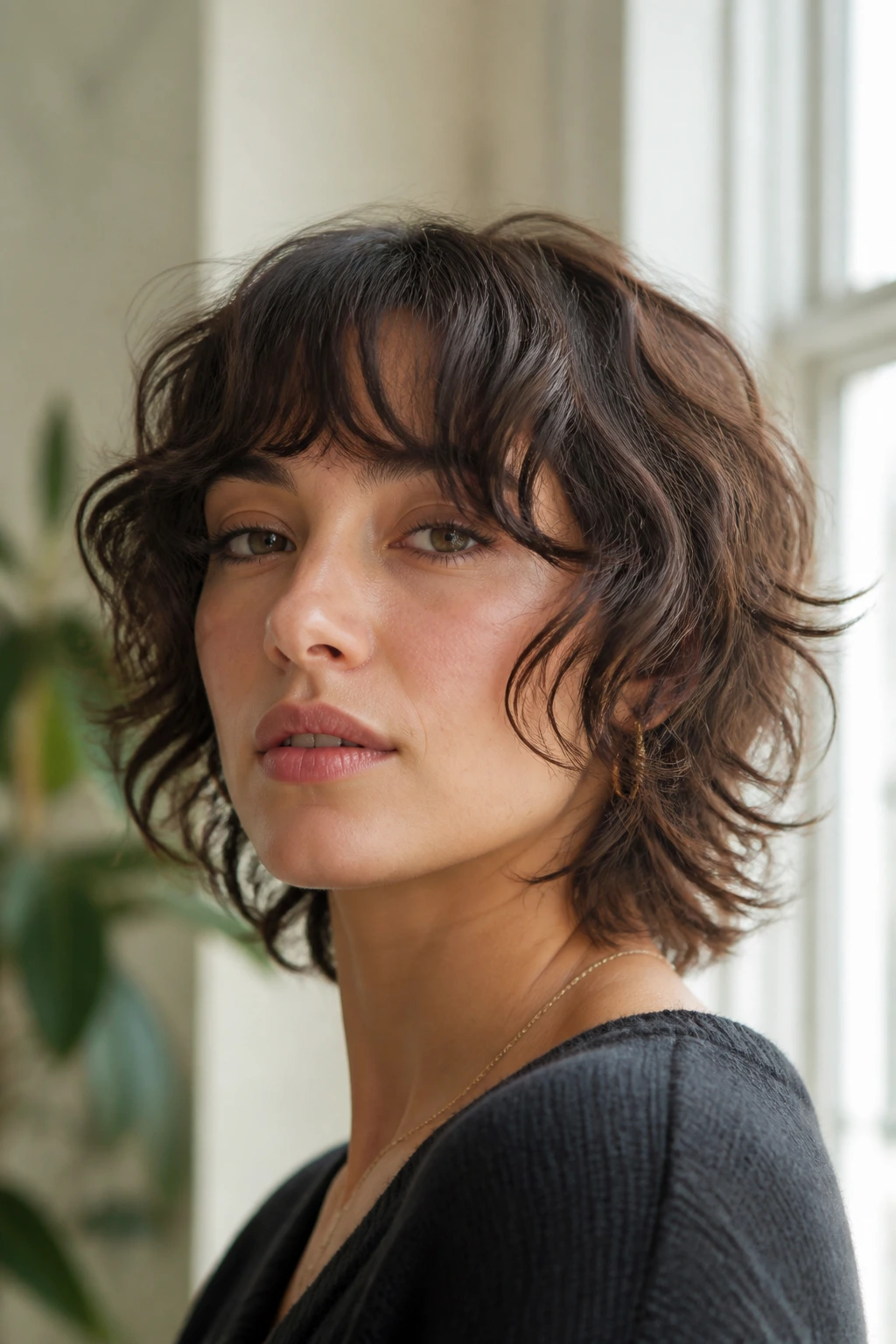 Real person with curl-forward variation of a short shag showing face-framing fringe.