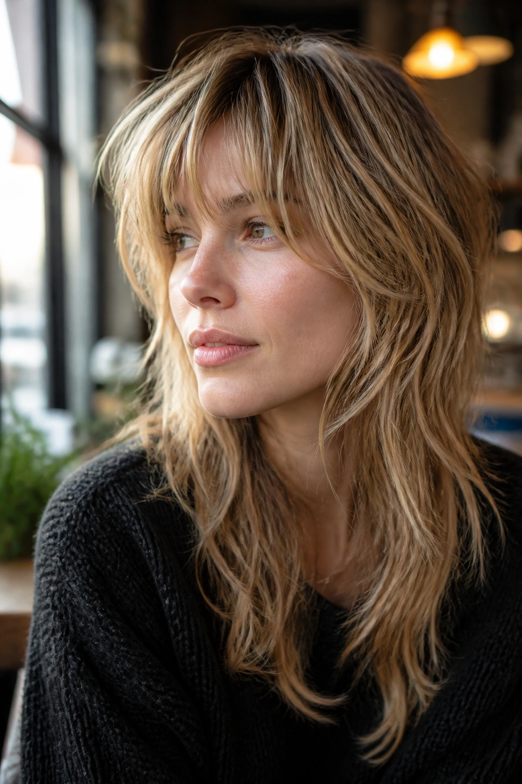 Close-up portrait of woman with versatile shag in cafe lighting