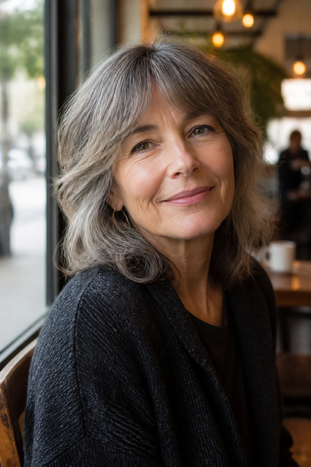 Portrait of a woman with curtain-soft fringe shag variation and soft face-framing layers.