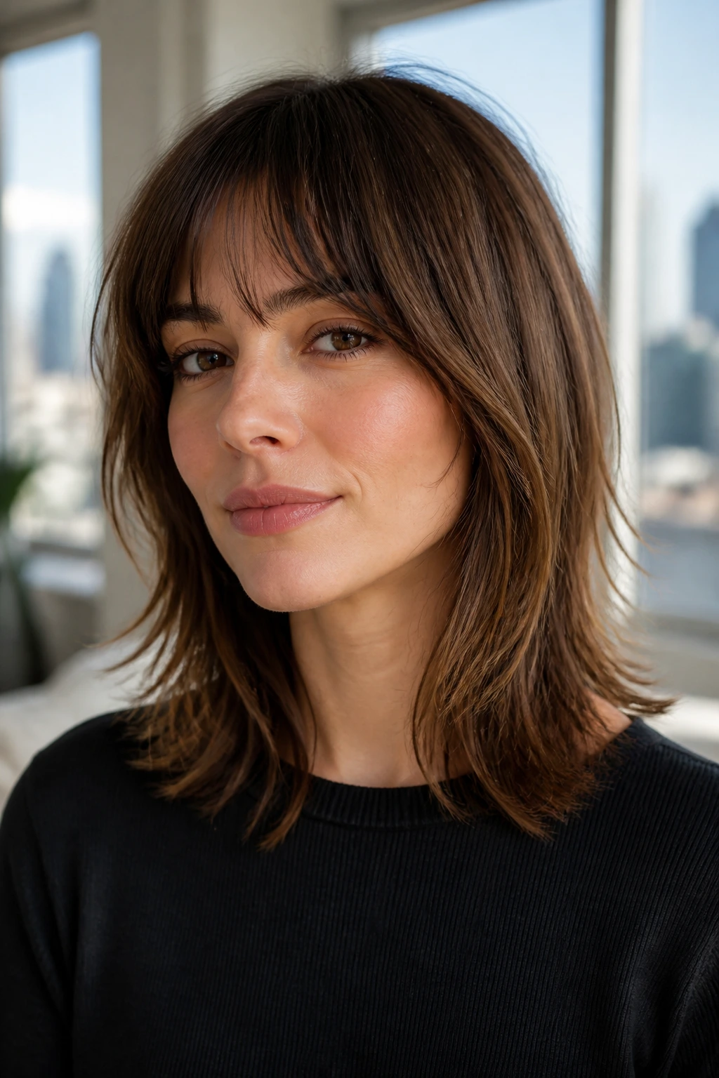 Portrait of a real person with varied shag haircut featuring layered lengths and fringe