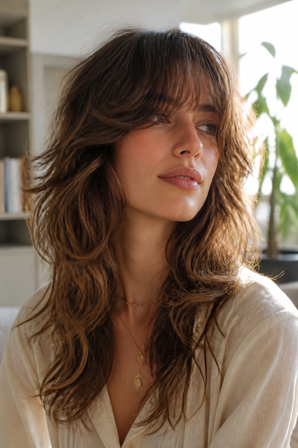 Portrait of a person with long shag showing layer variation in a bright living room.