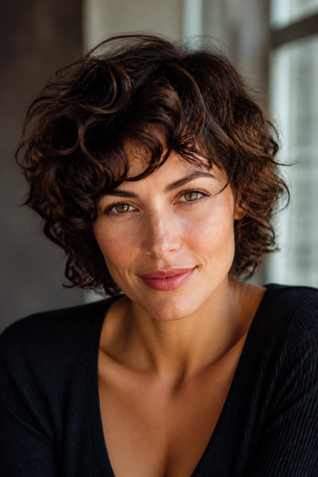 Real woman with curly short shag demonstrating curl guided variation