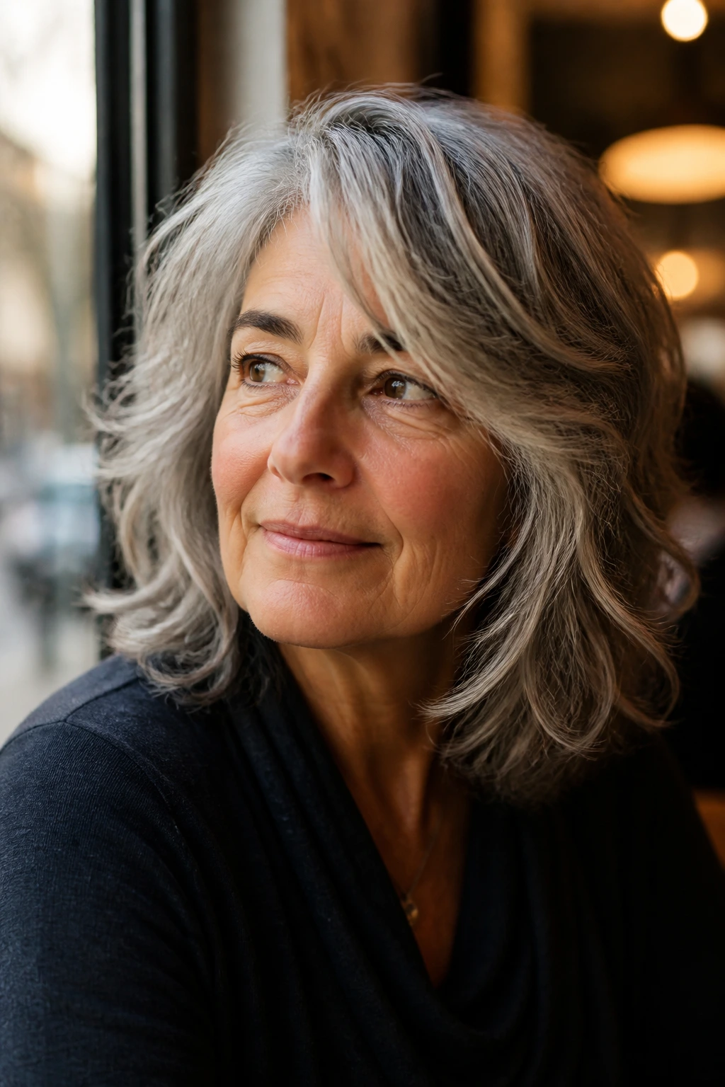 Woman with soft layered medium shag and movement