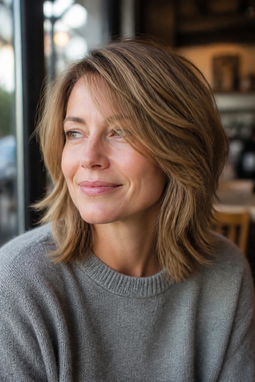 Real person with shoulder-length shag showing soft layers and side-part