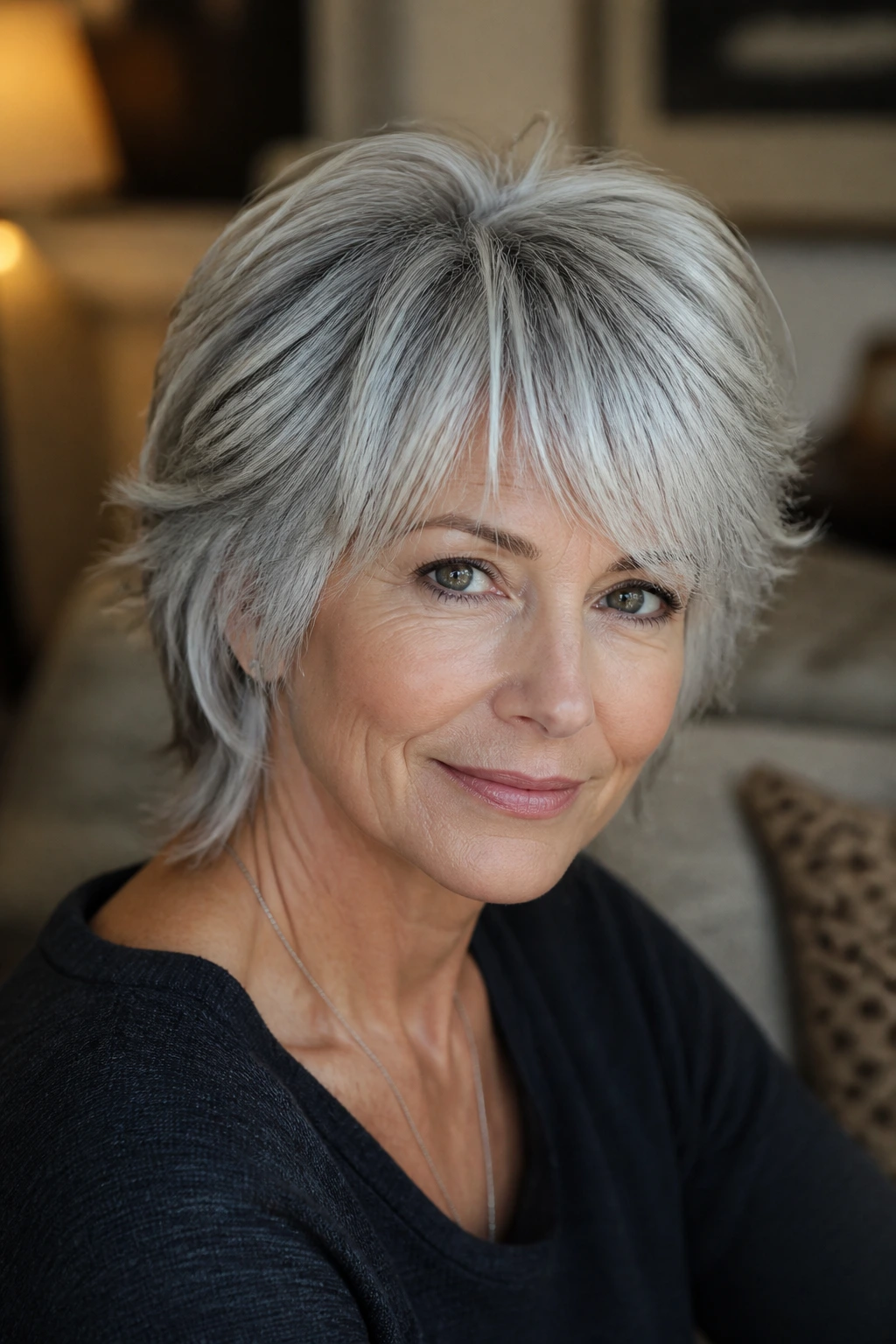 Portrait of a real woman with silver shag showing variations in color and lift.