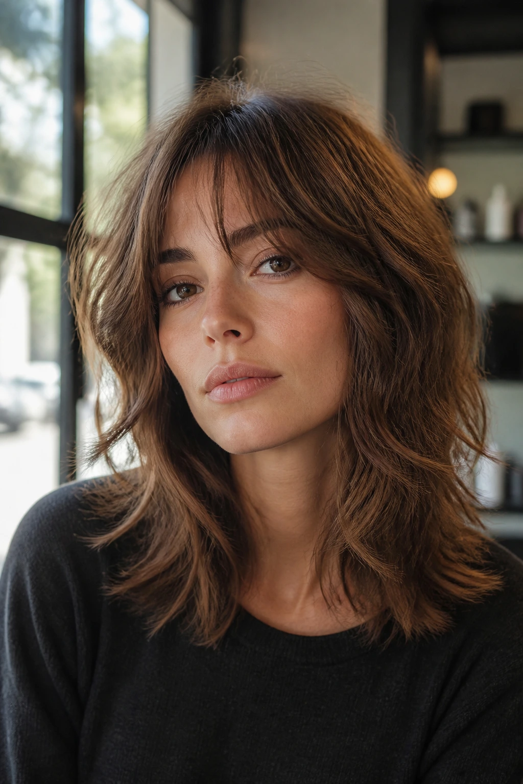 Real person with modern shag showing layered texture indoors.