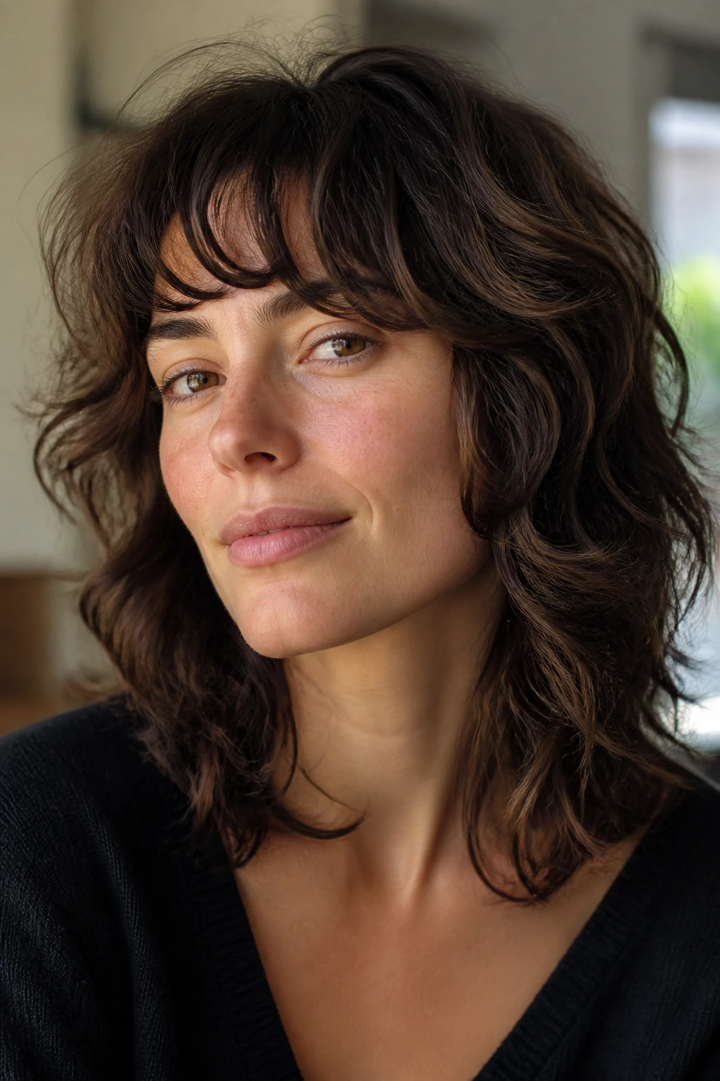 Portrait of a woman with a shag that lets waves move naturally