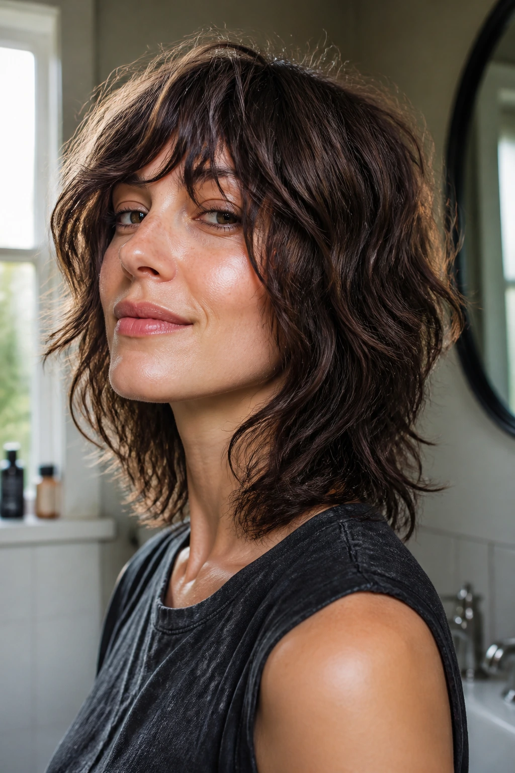 Close-up portrait of a real person with a wavy shag showing defined face frame and crown shape