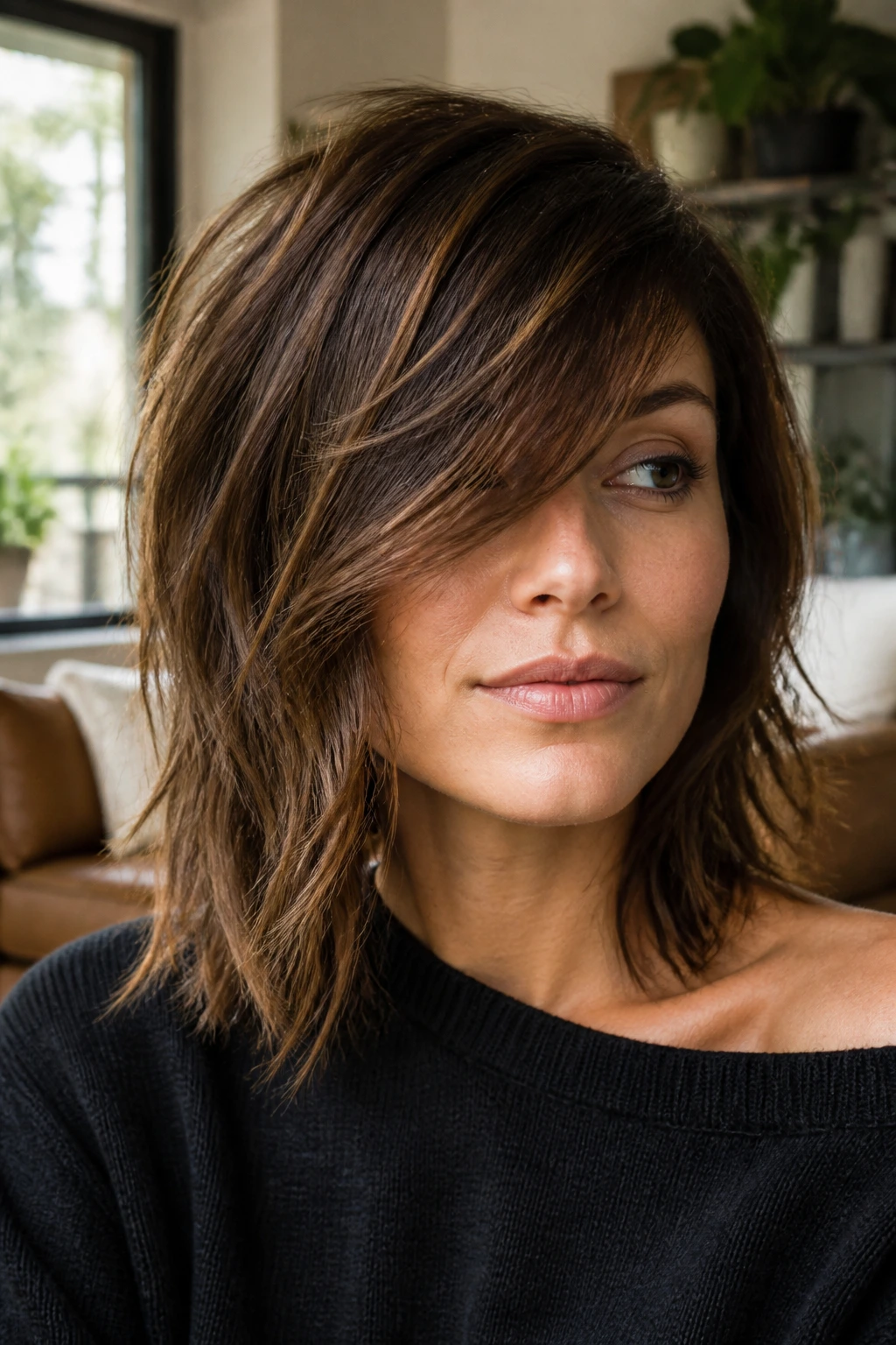 Real person with shagged lob and diagonal side-swept fringe.