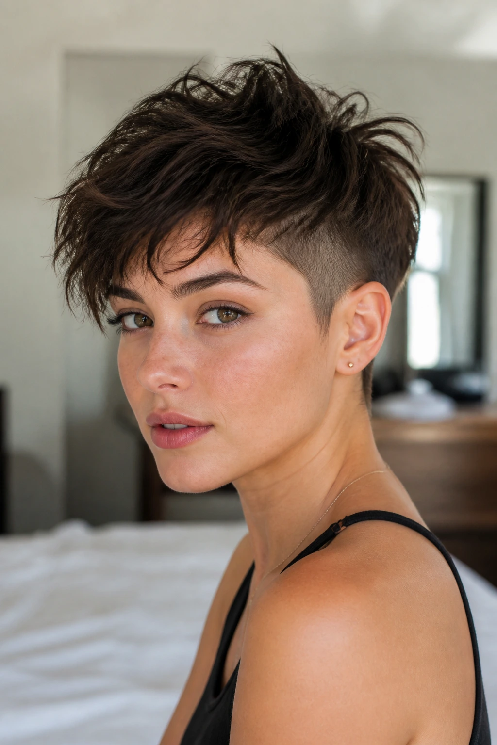 Close-up portrait of real person with shagged pixie and tapered side undercut