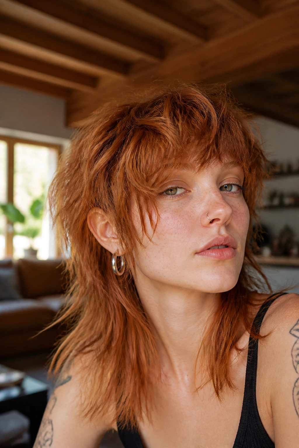 Close-up portrait of a real person with shaggy auburn mullet and choppy ends in warm light