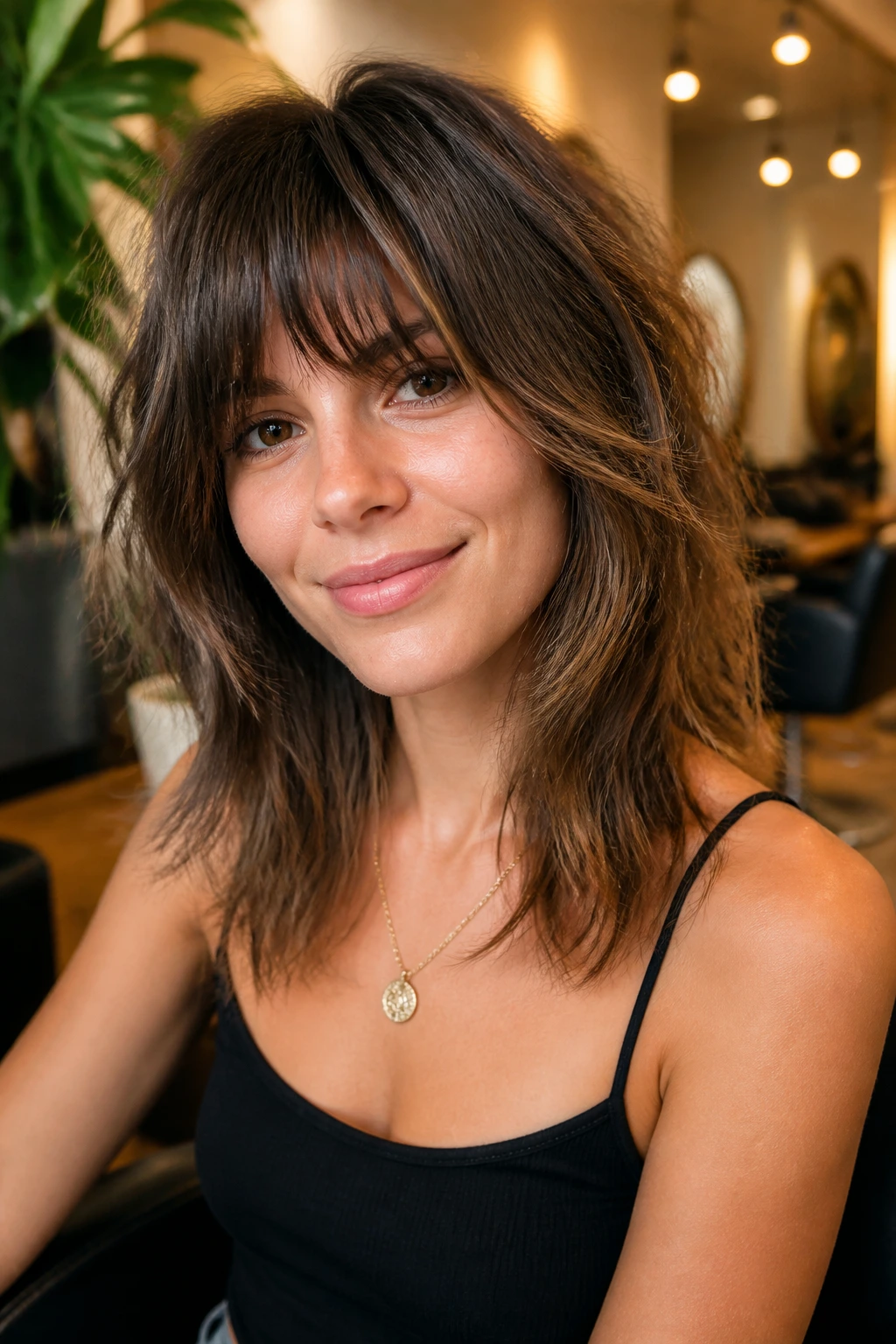Medium close-up of a real person with shaggy bangs and collarbone-length layers