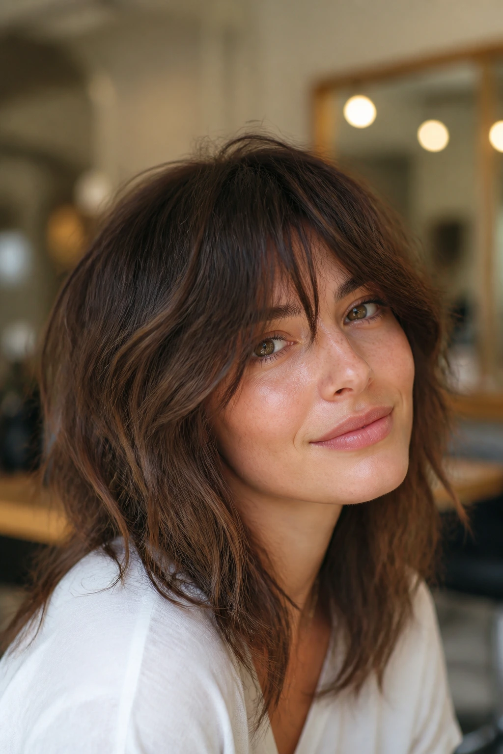 Portrait of a person with shaggy bangs blending into layered hair
