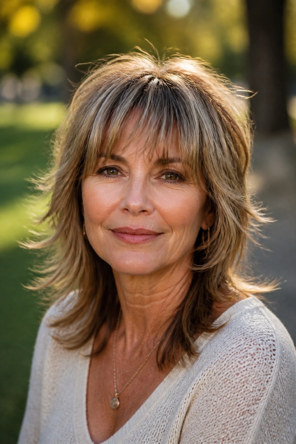 Medium close-up portrait of shaggy bangs blending into layered hair outdoors