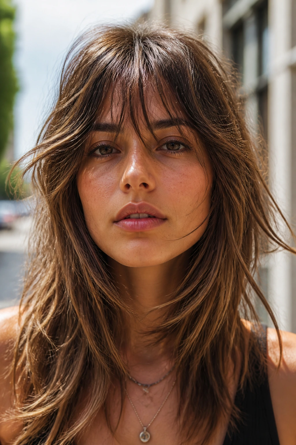 Portrait of a woman with shaggy textured bangs in an urban setting.