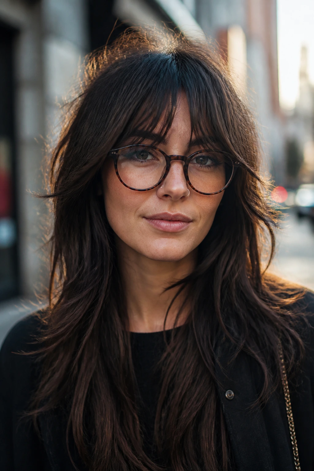 Close-up of a real woman with thick shaggy curtain bangs in urban sunlight