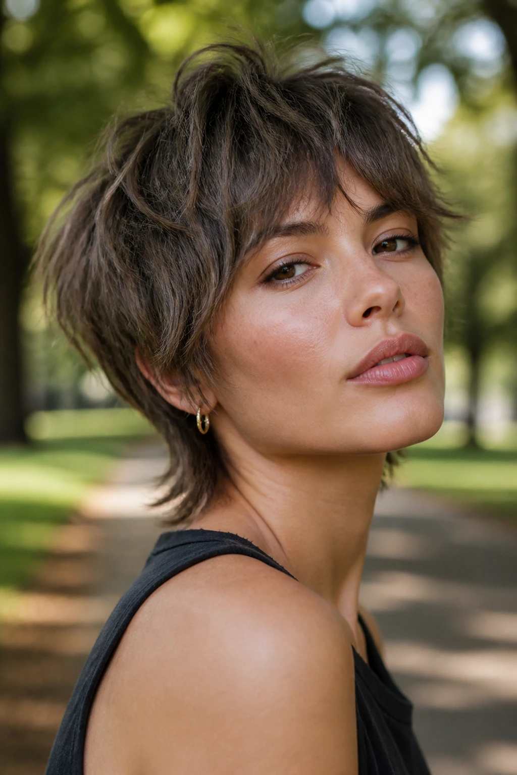 Close-up portrait of a real woman with shaggy bixie and feathered ends in a park at morning light